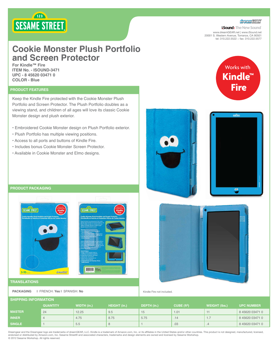 iSound Cookie Monster Plush Portfolio and Screen Protector for Kindle Fire - Sell Sheet User Manual | 1 page