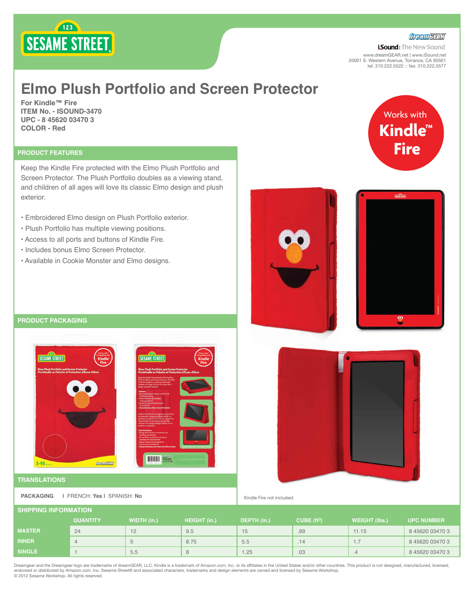 iSound Elmo Plush Portfolio and Screen Protector for Kindle Fire - Sell Sheet User Manual | 1 page