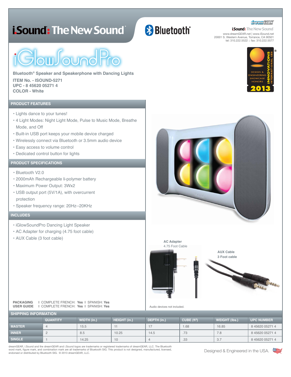 iSound iGlowSoundPro Bluetooth Speaker + Speakerphone - Sell Sheet User Manual | 2 pages