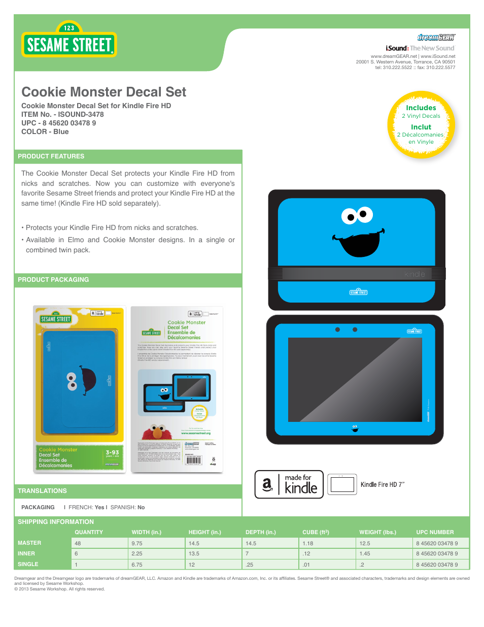 iSound Cookie Monster Decal Set for Kindle Fire HD - Sell Sheet User Manual | 1 page
