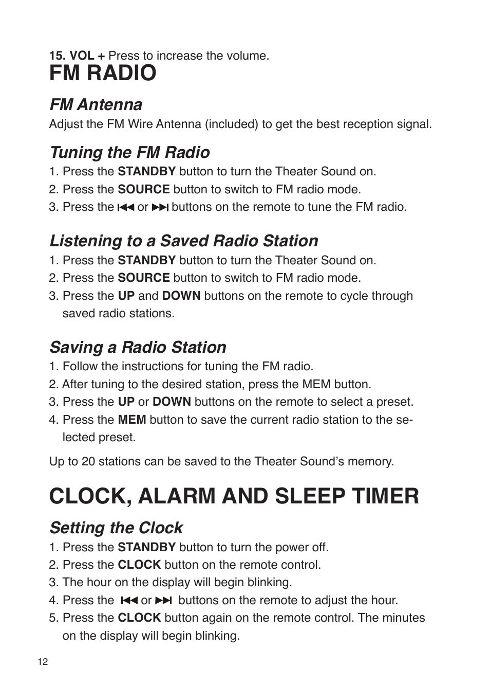 Fm radio, Clock, alarm and sleep timer, Fm antenna | Tuning the fm radio, Listening to a saved radio station, Saving a radio station, Setting the clock | iSound Theater Sound - Manual User Manual | Page 12 / 55