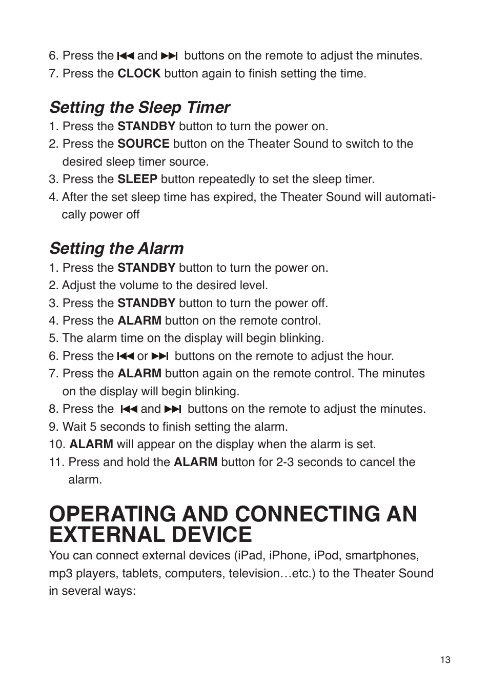 Operating and connecting an external device, Setting the sleep timer, Setting the alarm | iSound Theater Sound - Manual User Manual | Page 13 / 55