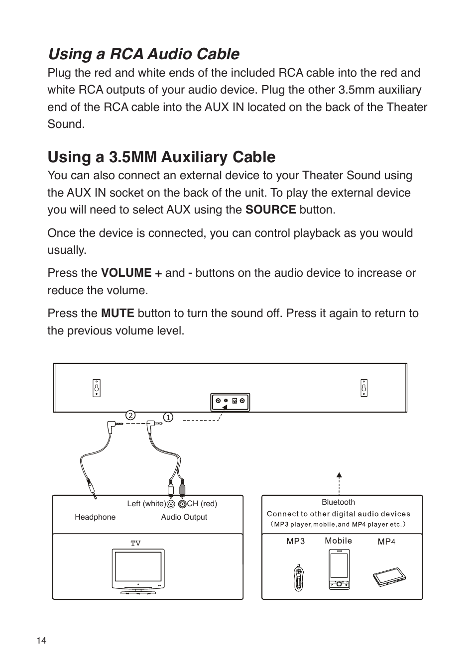 Using a rca audio cable, Using a 3.5mm auxiliary cable | iSound Theater Sound - Manual User Manual | Page 14 / 55