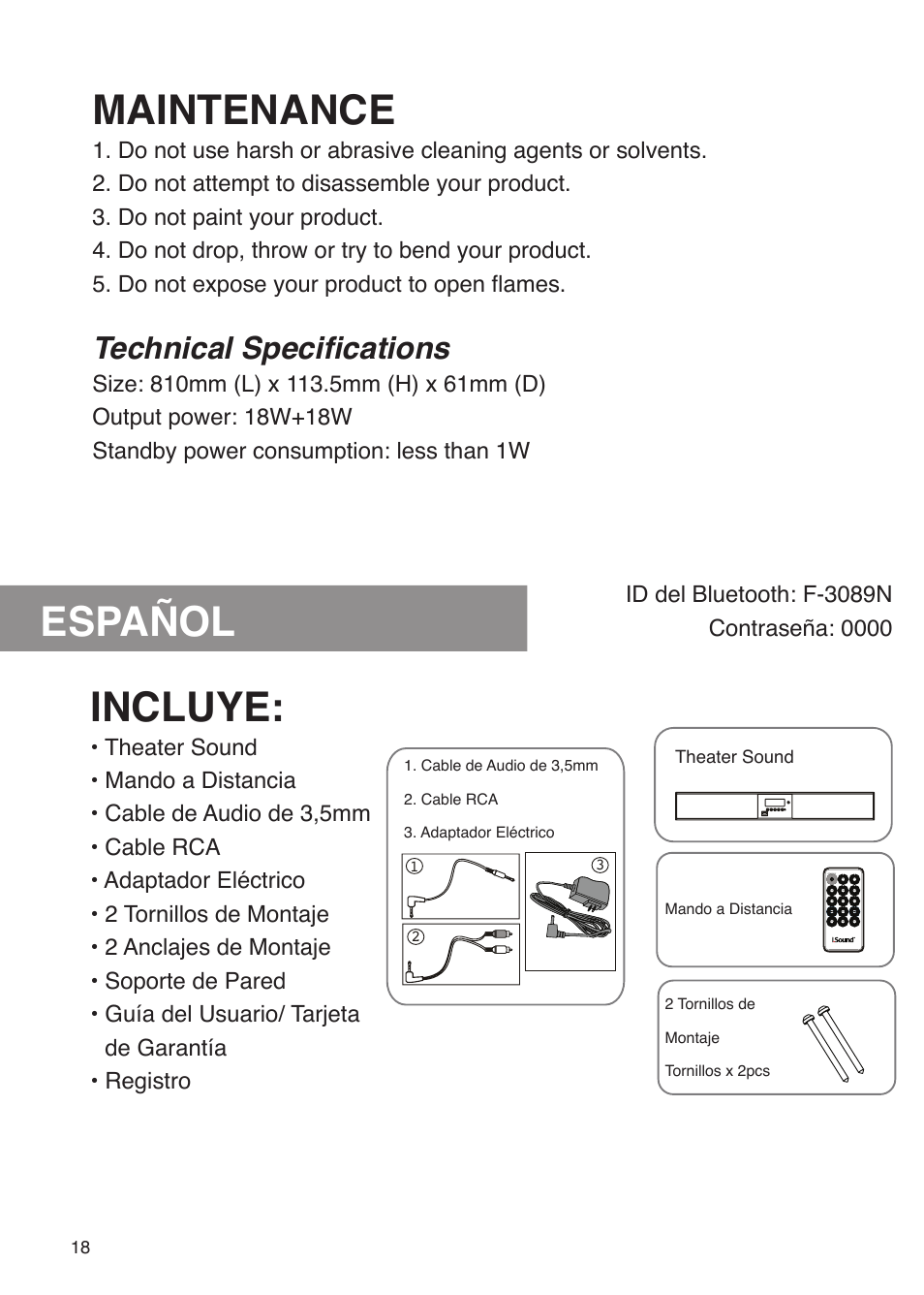 Maintenance, Español, Incluye | Technical specifications | iSound Theater Sound - Manual User Manual | Page 18 / 55