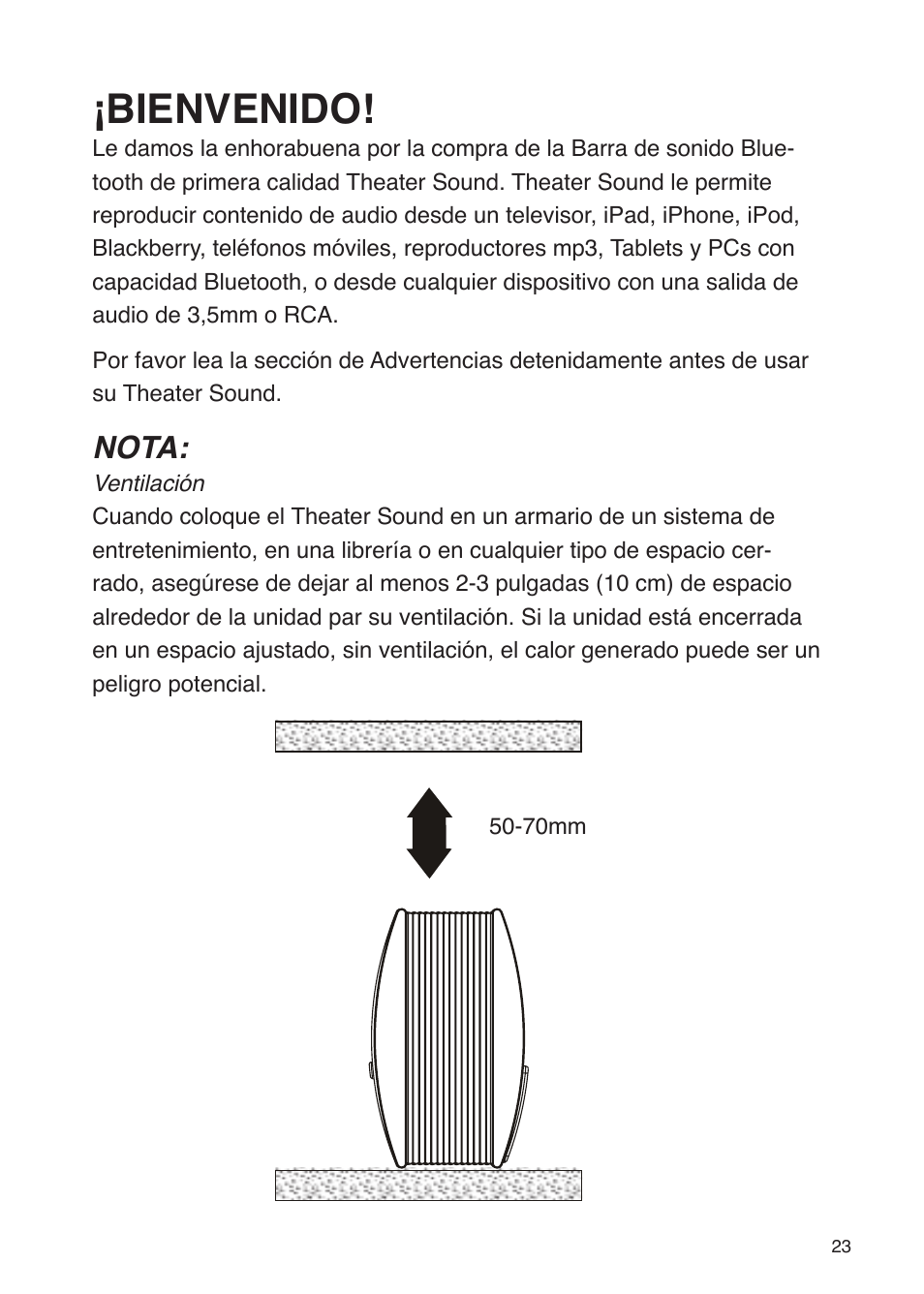 Bienvenido, Nota | iSound Theater Sound - Manual User Manual | Page 23 / 55