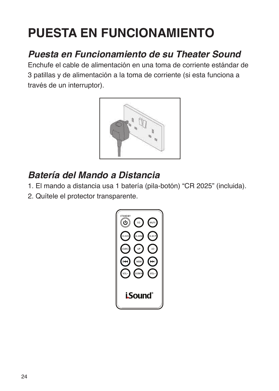 Puesta en funcionamiento, Puesta en funcionamiento de su theater sound, Batería del mando a distancia | iSound Theater Sound - Manual User Manual | Page 24 / 55
