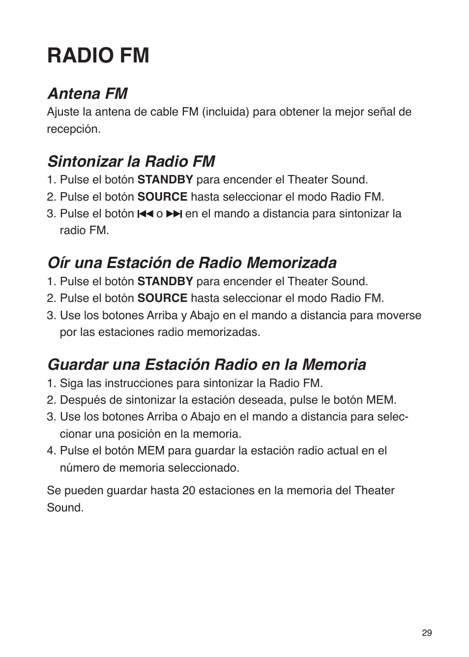 Radio fm, Antena fm, Sintonizar la radio fm | iSound Theater Sound - Manual User Manual | Page 29 / 55