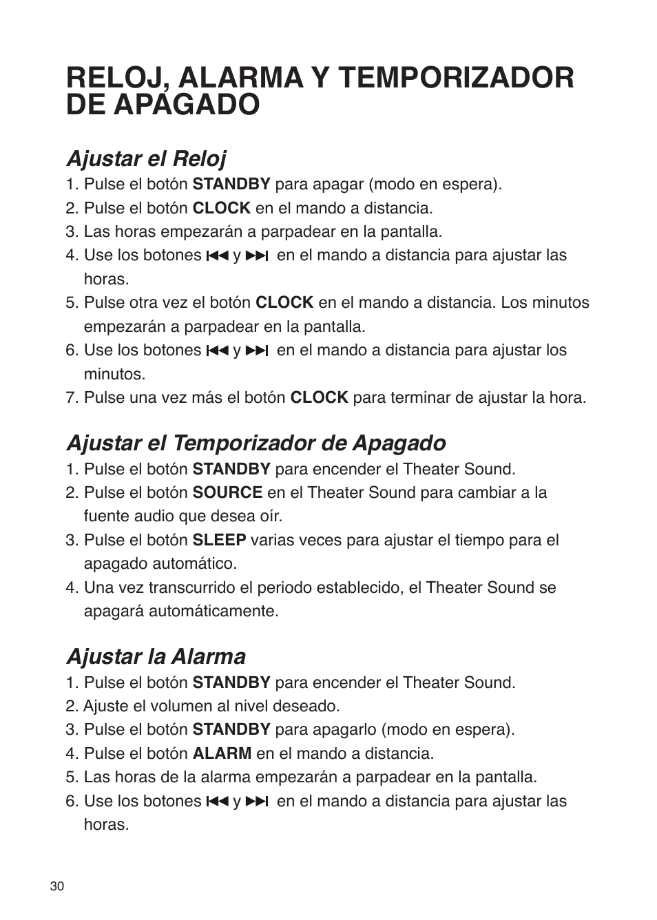 Reloj, alarma y temporizador de apagado, Ajustar el reloj, Ajustar el temporizador de apagado | Ajustar la alarma | iSound Theater Sound - Manual User Manual | Page 30 / 55