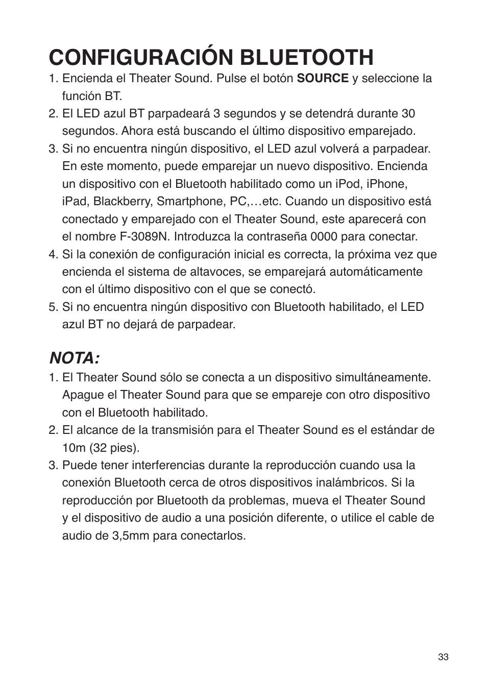 Configuración bluetooth, Nota | iSound Theater Sound - Manual User Manual | Page 33 / 55