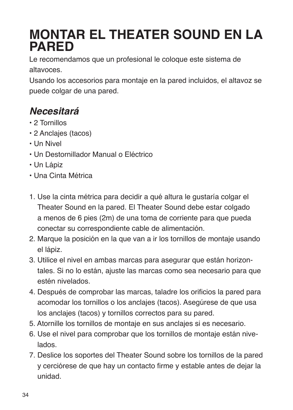 Montar el theater sound en la pared, Necesitará | iSound Theater Sound - Manual User Manual | Page 34 / 55