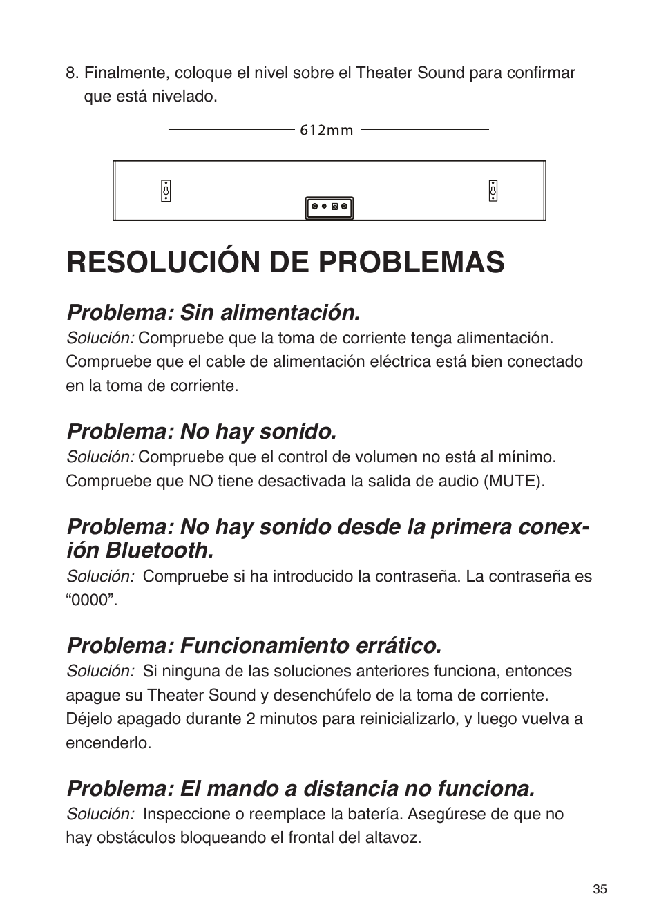 Resolución de problemas, Problema: sin alimentación, Problema: no hay sonido | Problema: funcionamiento errático, Problema: el mando a distancia no funciona | iSound Theater Sound - Manual User Manual | Page 35 / 55