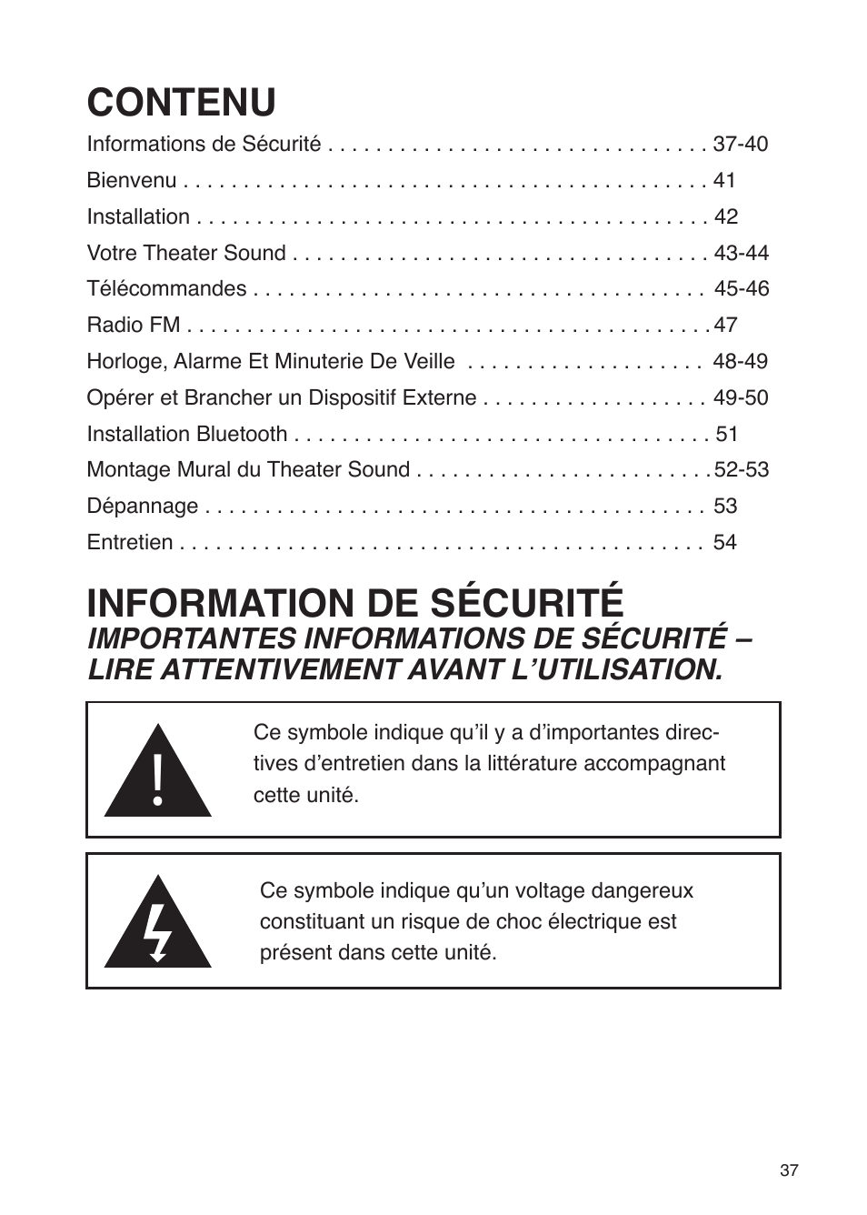 Contenu, Information de sécurité | iSound Theater Sound - Manual User Manual | Page 37 / 55