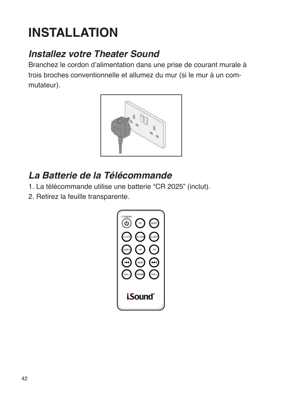 Installation, Installez votre theater sound, La batterie de la télécommande | iSound Theater Sound - Manual User Manual | Page 42 / 55