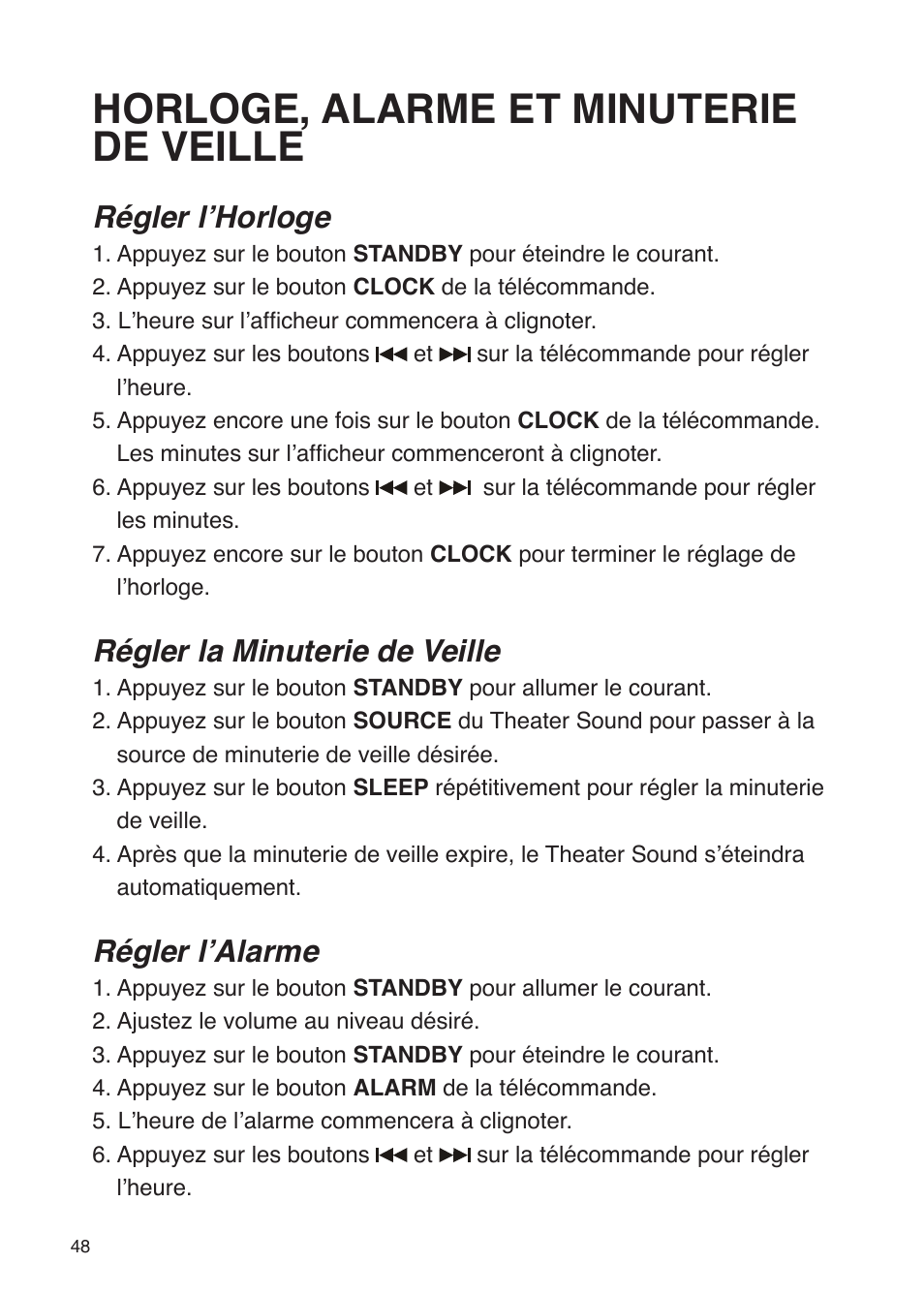 Horloge, alarme et minuterie de veille, Régler l’horloge, Régler la minuterie de veille | Régler l’alarme | iSound Theater Sound - Manual User Manual | Page 48 / 55