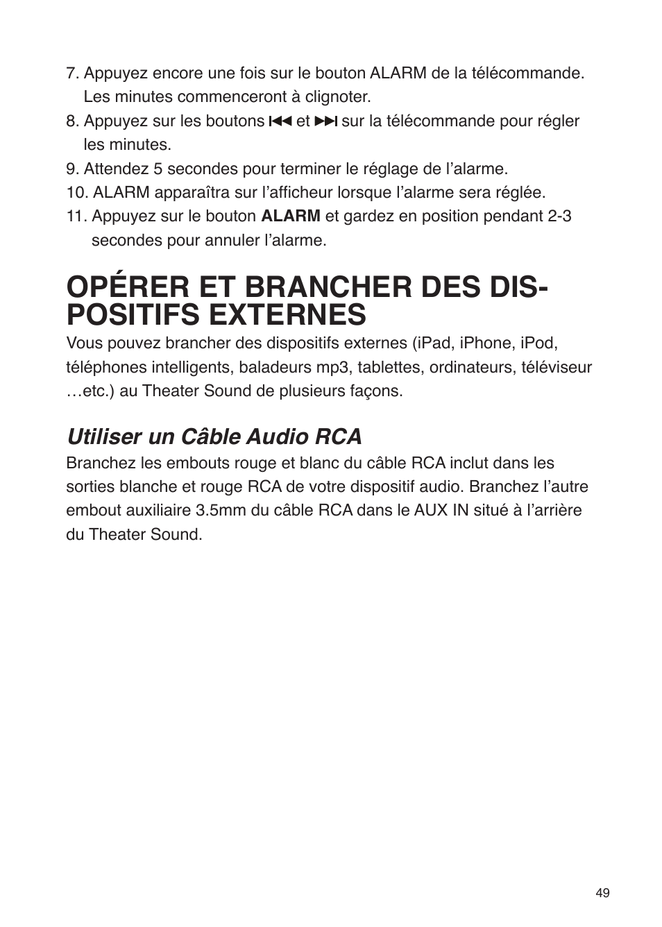 Opérer et brancher des dis- positifs externes, Utiliser un câble audio rca | iSound Theater Sound - Manual User Manual | Page 49 / 55