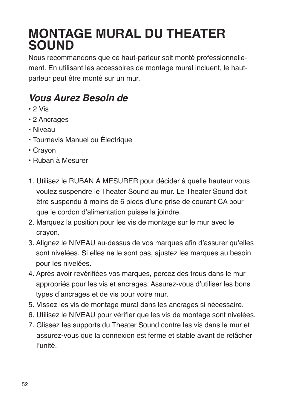 Montage mural du theater sound, Vous aurez besoin de | iSound Theater Sound - Manual User Manual | Page 52 / 55