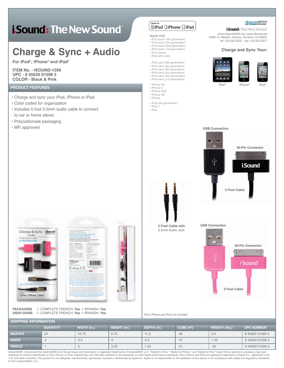 iSound Charge & Sync + Audio for iPad iPhone and iPod - Sell Sheet User Manual | 1 page