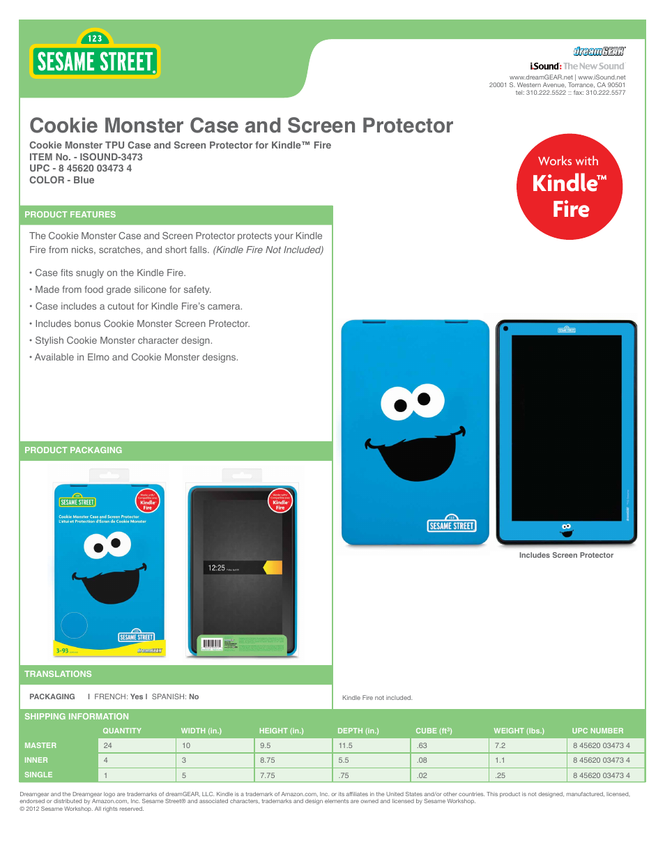 iSound Cookie Monster Case and Screen Protector for Kindle Fire - Sell Sheet User Manual | 1 page