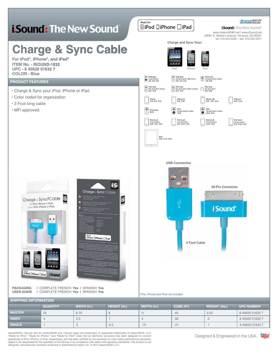 iSound Charge & Sync Cable for iPad, iPhone and iPod - Sell Sheet User Manual | 1 page