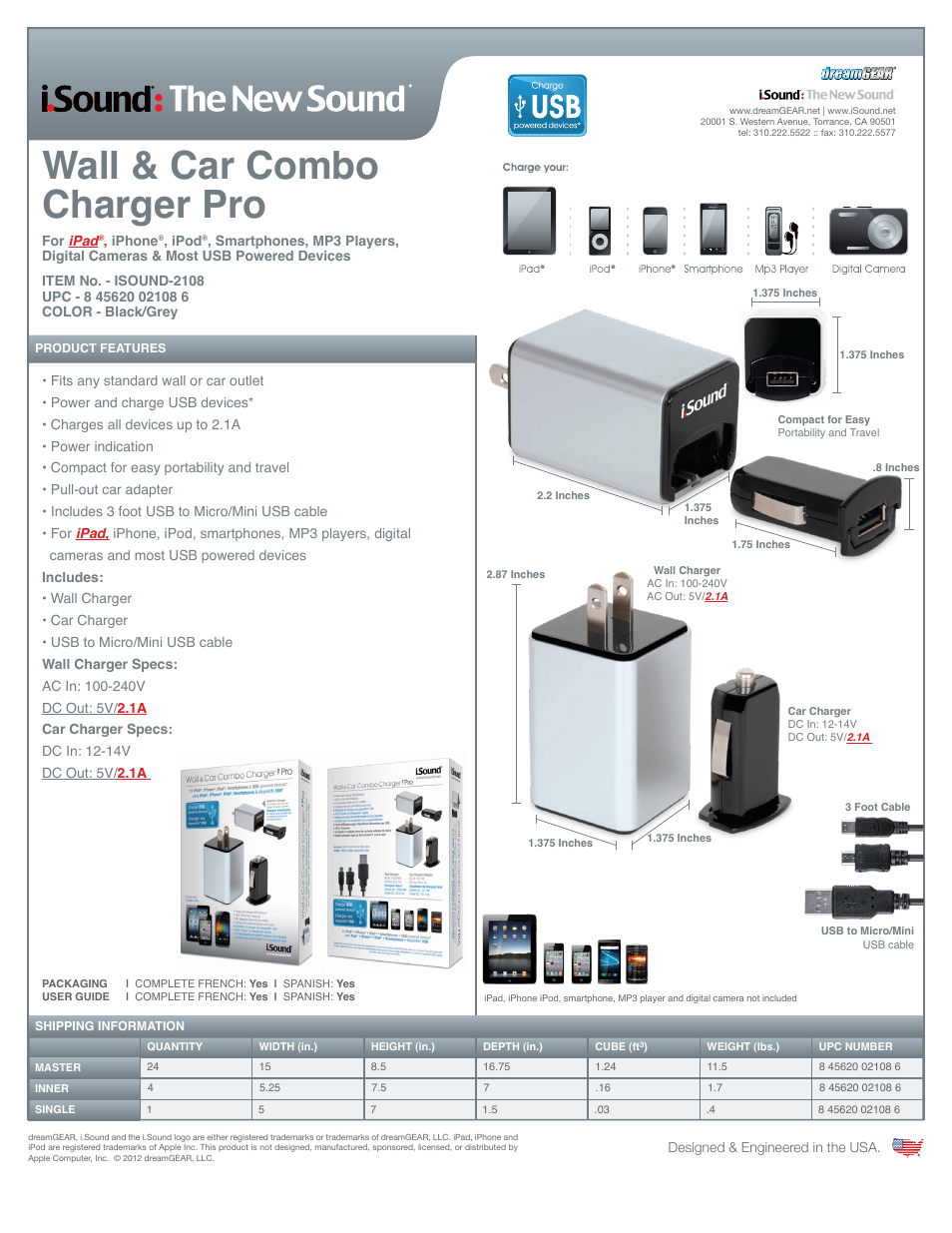 iSound Wall & Car Combo Charger Pro 2108 - Sell Sheet User Manual | 1 page