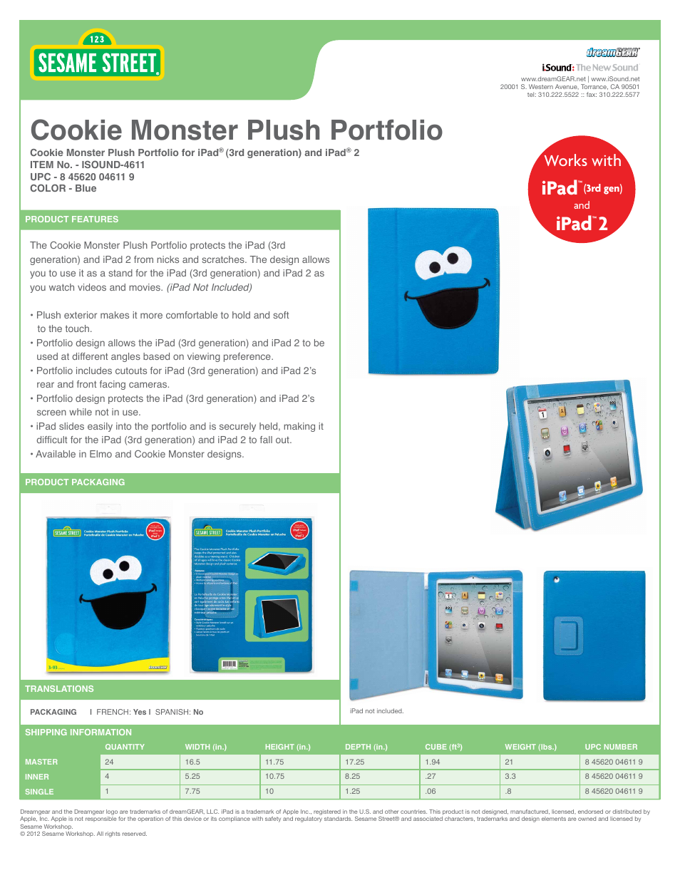 iSound Cookie Monster Plush Portfolio for iPad 2 - Sell Sheet User Manual | 1 page