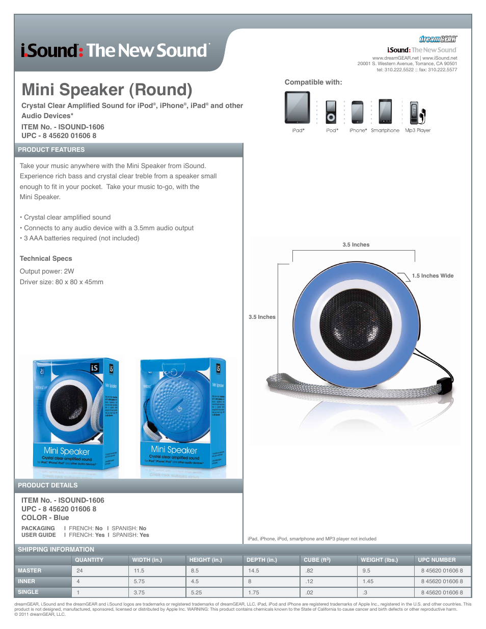 iSound Mini Speaker 1606 - Sell Sheet User Manual | 1 page