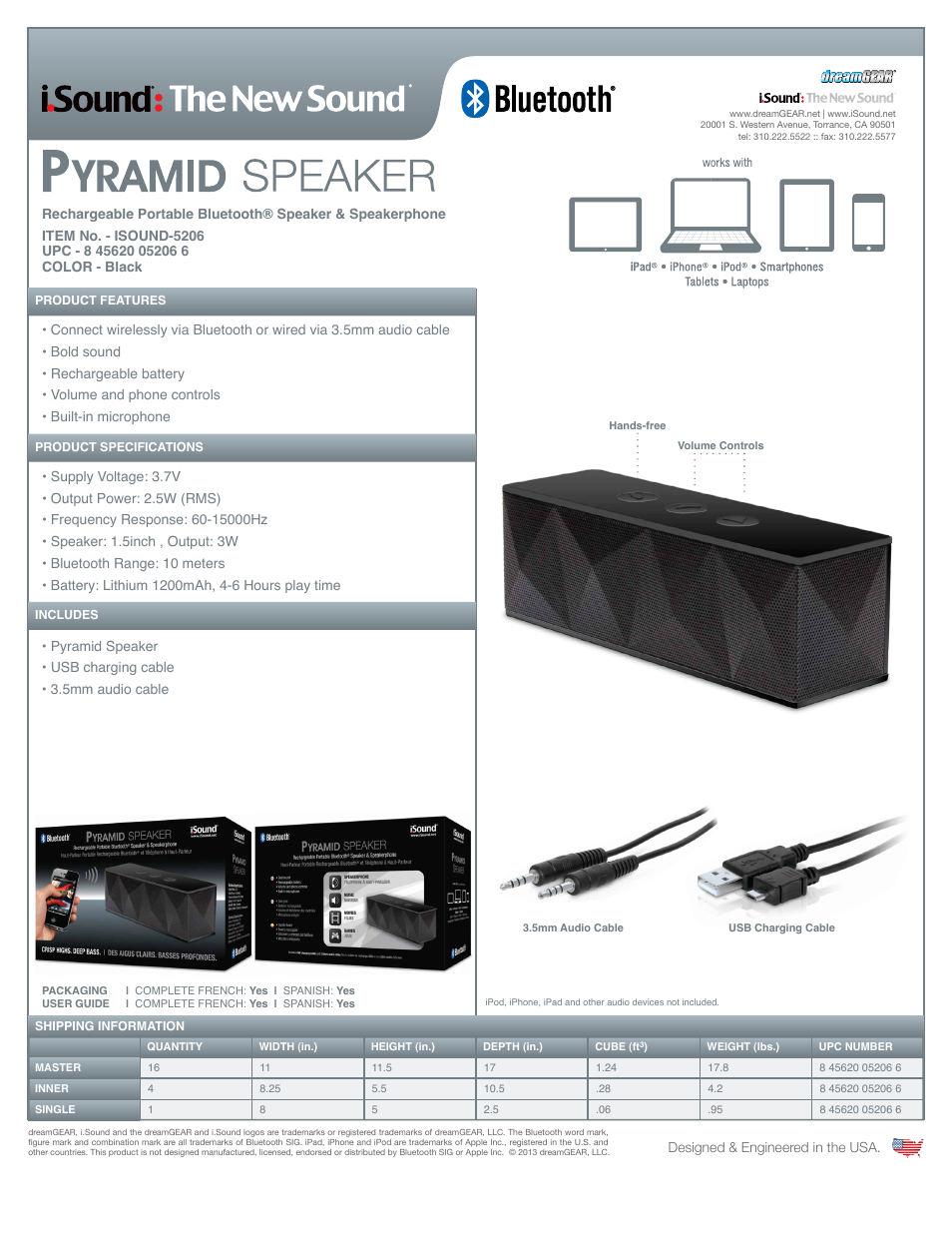 iSound Pyramid Rechargeable Portable Bluetooth Speaker + Speakerphone - Sell Sheet User Manual | 1 page