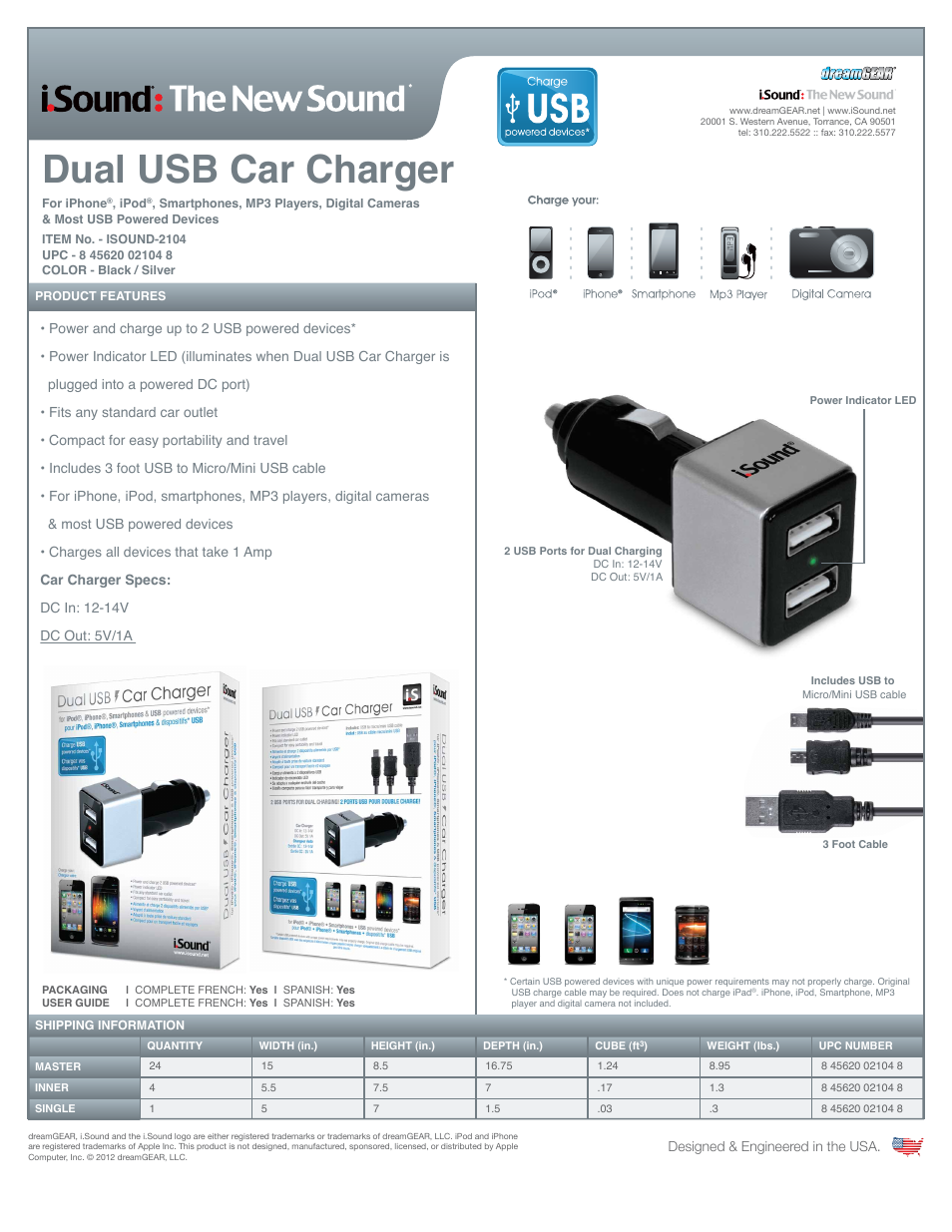 iSound Dual USB Car Charger - Sell Sheet User Manual | 1 page