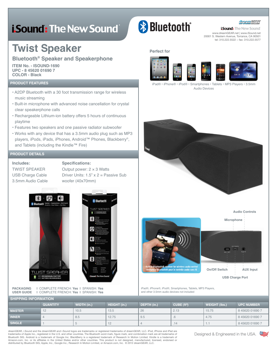 iSound Twist Rechargeable Portable Bluetooth Speaker + Speakerphone - Sell Sheet User Manual | 1 page