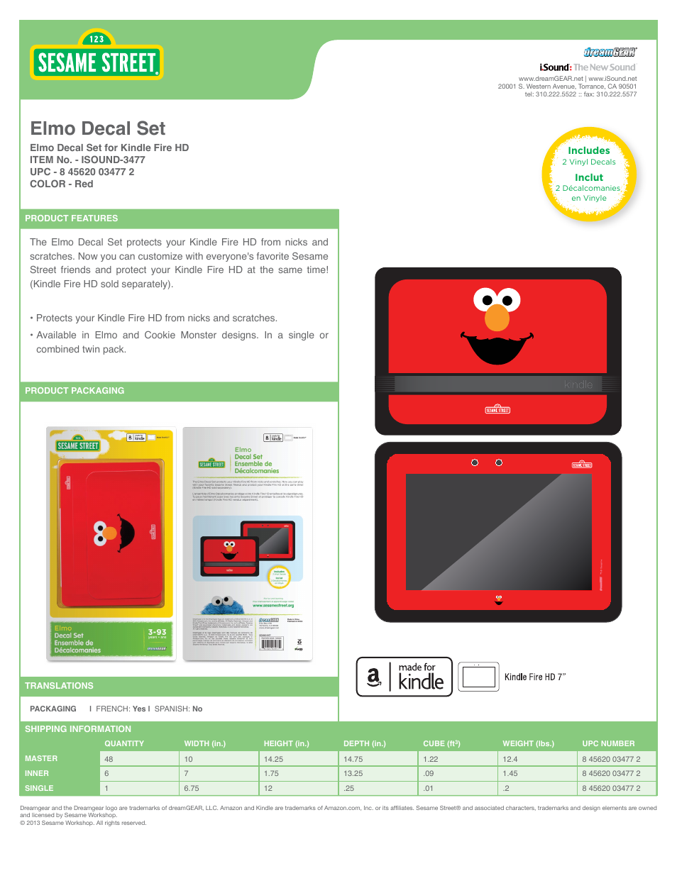 iSound Elmo Decal Set for Kindle Fire HD - Sell Sheet User Manual | 1 page