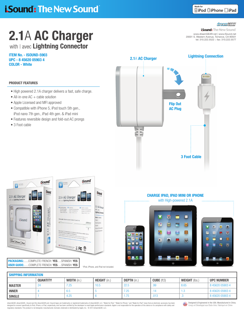 iSound 2.1A AC Charger with Lightning Connector - Sell Sheet User Manual | 1 page