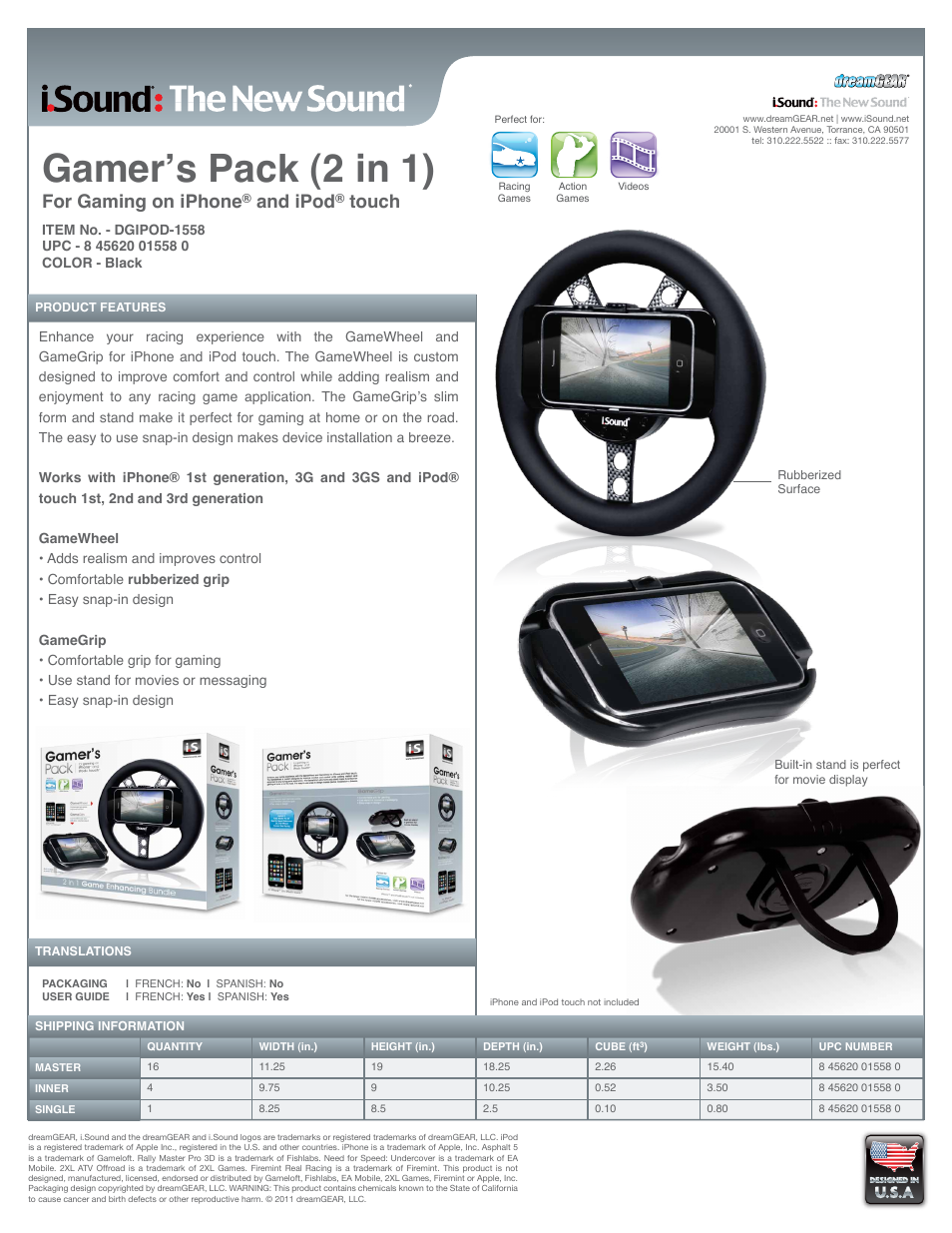 iSound Gamer's Pack for iPhone and iPod Touch - Sell Sheet User Manual | 1 page