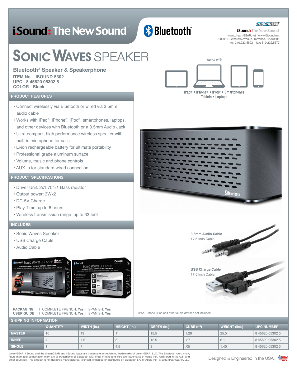 iSound Sonic Waves Rechargeable Portable Bluetooth Speaker + Speakerphone - Sell Sheet User Manual | 1 page