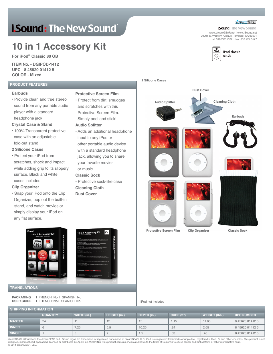 iSound 10 In 1 Accessory Kit For iPod Classic 120Gb_80Gb - Sell Sheet User Manual | 1 page