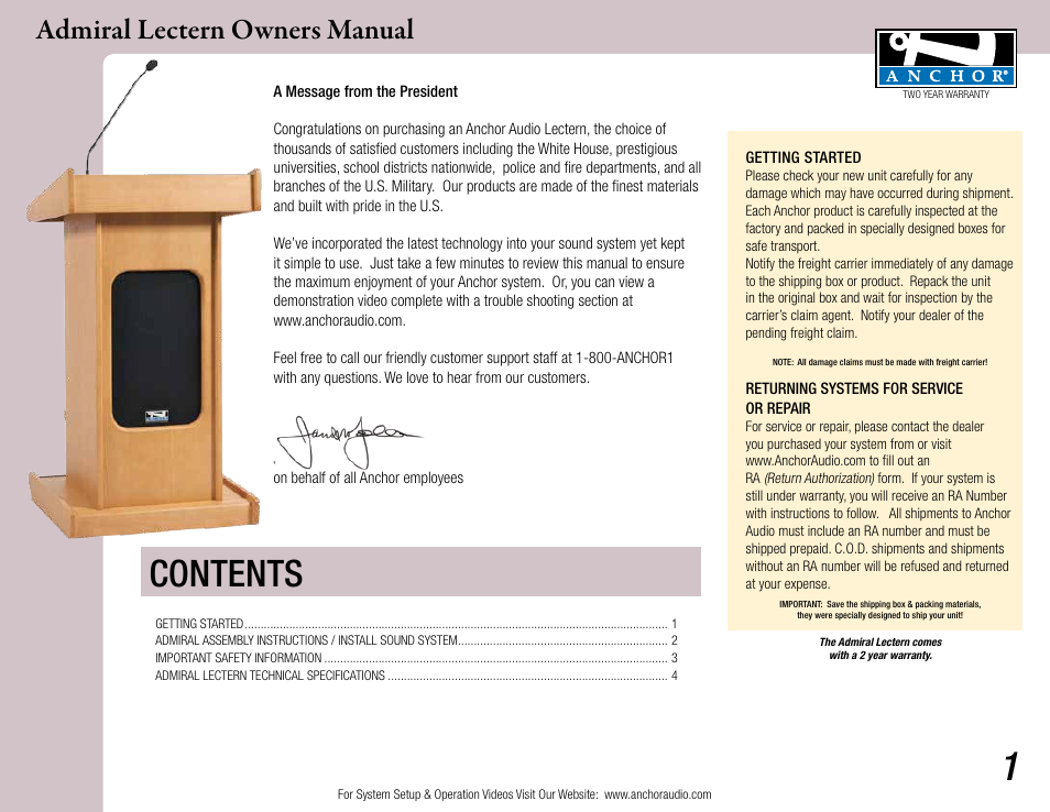 Anchor Audio Admiral Lectern User Manual | 4 pages