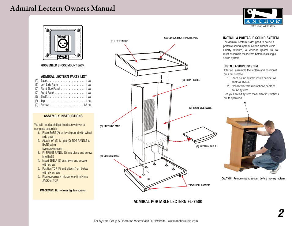 Admiral lectern owners manual | Anchor Audio Admiral Lectern User Manual | Page 2 / 4