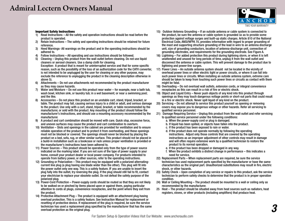 Admiral lectern owners manual | Anchor Audio Admiral Lectern User Manual | Page 3 / 4