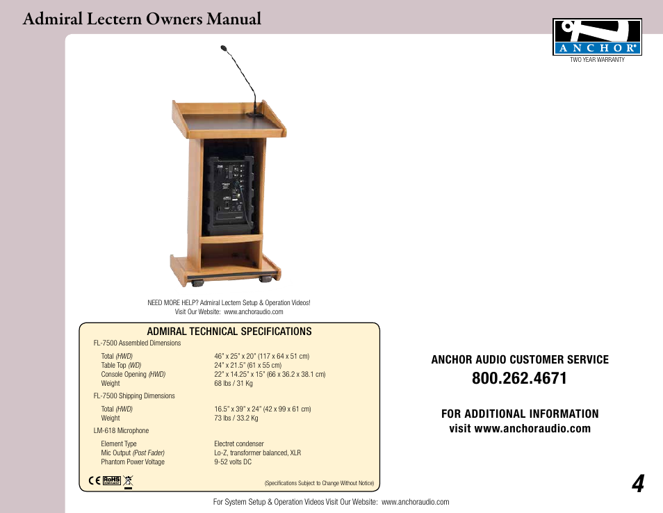 Admiral lectern owners manual, Anchor audio customer service | Anchor Audio Admiral Lectern User Manual | Page 4 / 4