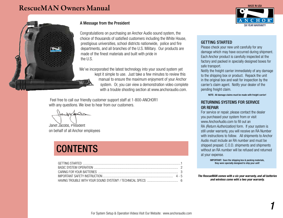 Anchor Audio RescueMAN Emergency System User Manual | 6 pages