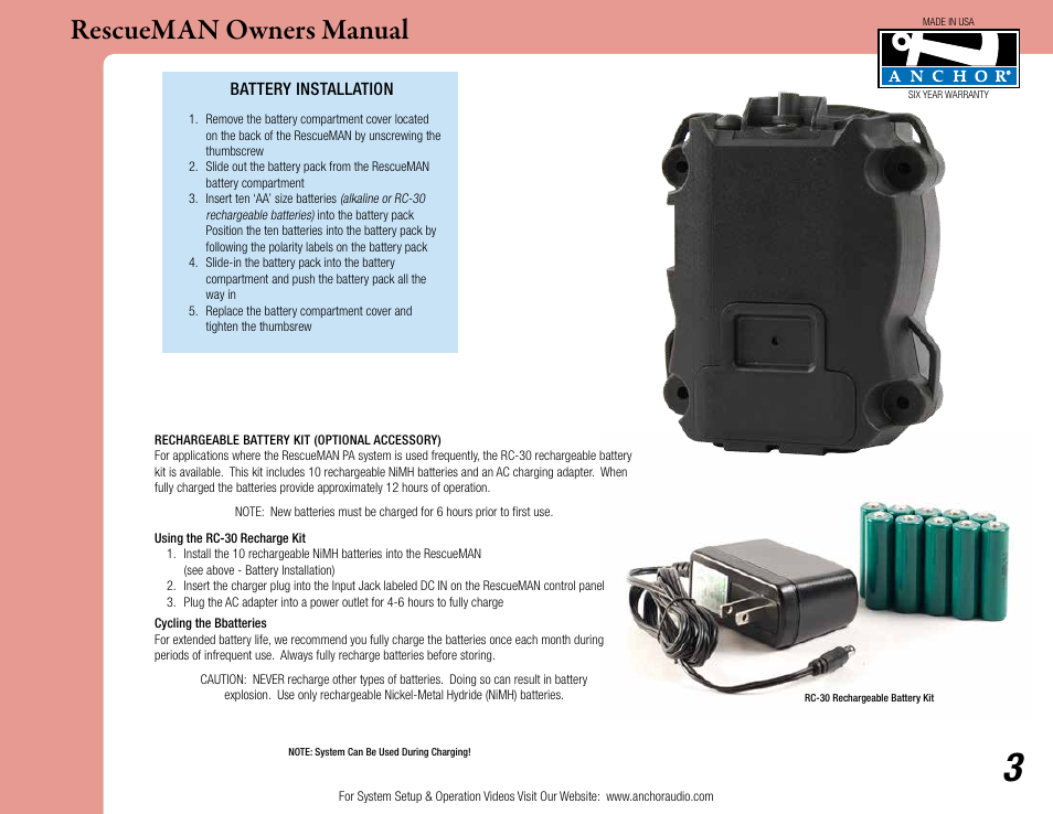 Rescueman owners manual | Anchor Audio RescueMAN Emergency System User Manual | Page 3 / 6