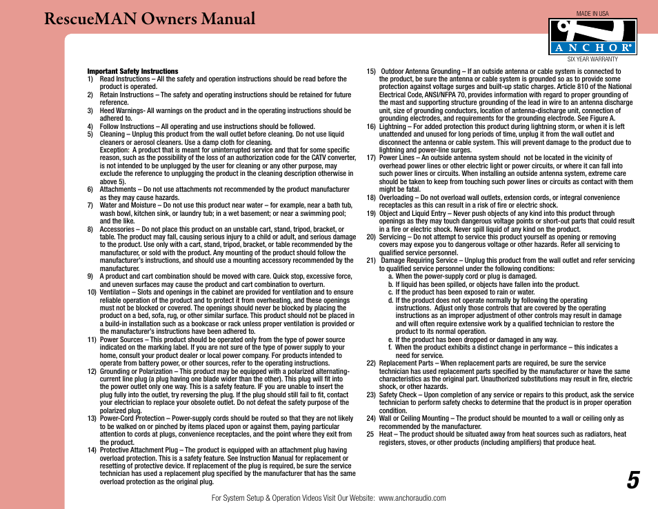 Rescueman owners manual | Anchor Audio RescueMAN Emergency System User Manual | Page 5 / 6