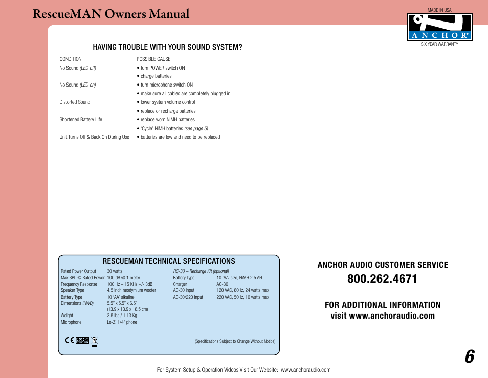 Rescueman owners manual, Anchor audio customer service, Rescueman technical specifications | Having trouble with your sound system | Anchor Audio RescueMAN Emergency System User Manual | Page 6 / 6