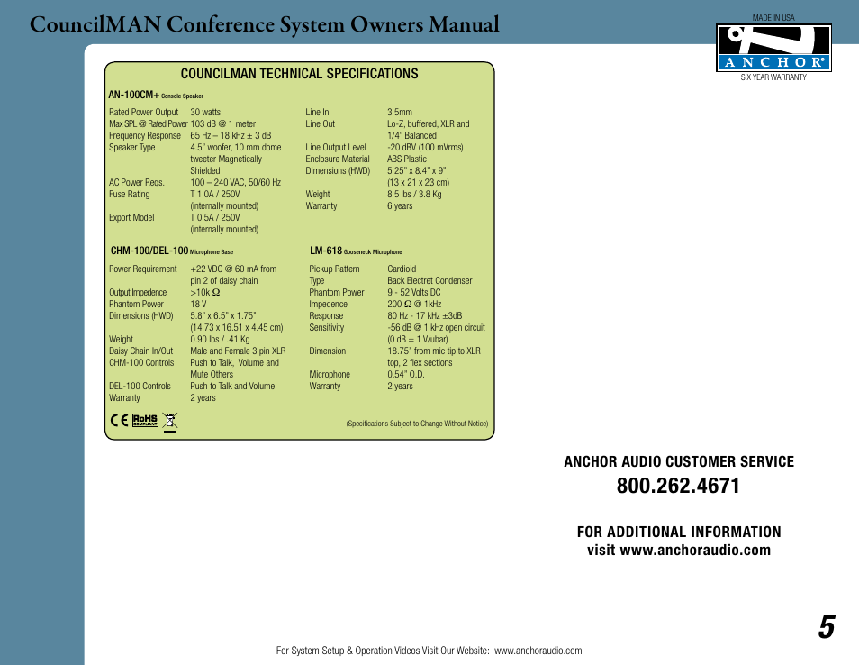 Councilman conference system owners manual, Anchor audio customer service, Councilman technical specifications | Anchor Audio CouncilMAN User Manual | Page 5 / 5