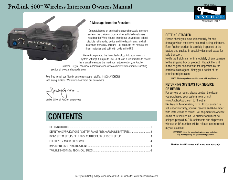 Anchor Audio ProLink 500 User Manual | 6 pages
