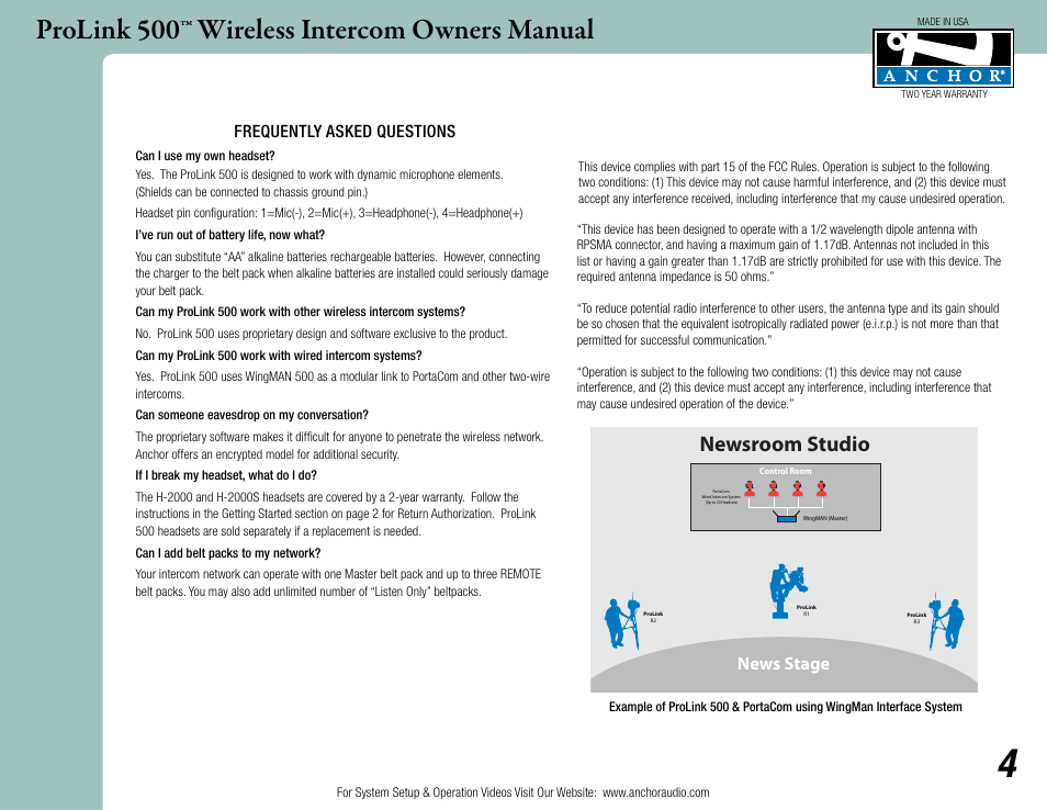 Prolink 500™ wireless intercom owners manual, Newsroom studio, News stage | Frequently asked questions | Anchor Audio ProLink 500 User Manual | Page 4 / 6