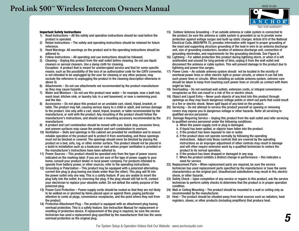 Prolink 500™ wireless intercom owners manual | Anchor Audio ProLink 500 User Manual | Page 5 / 6