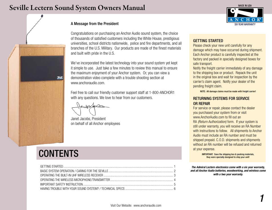 Anchor Audio Seville Lectern User Manual | 6 pages