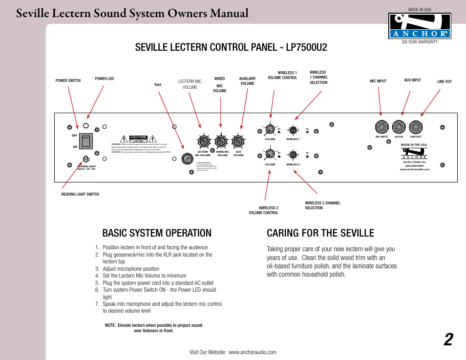 Seville lectern sound system owners manual, Caring for the seville | Anchor Audio Seville Lectern User Manual | Page 2 / 6