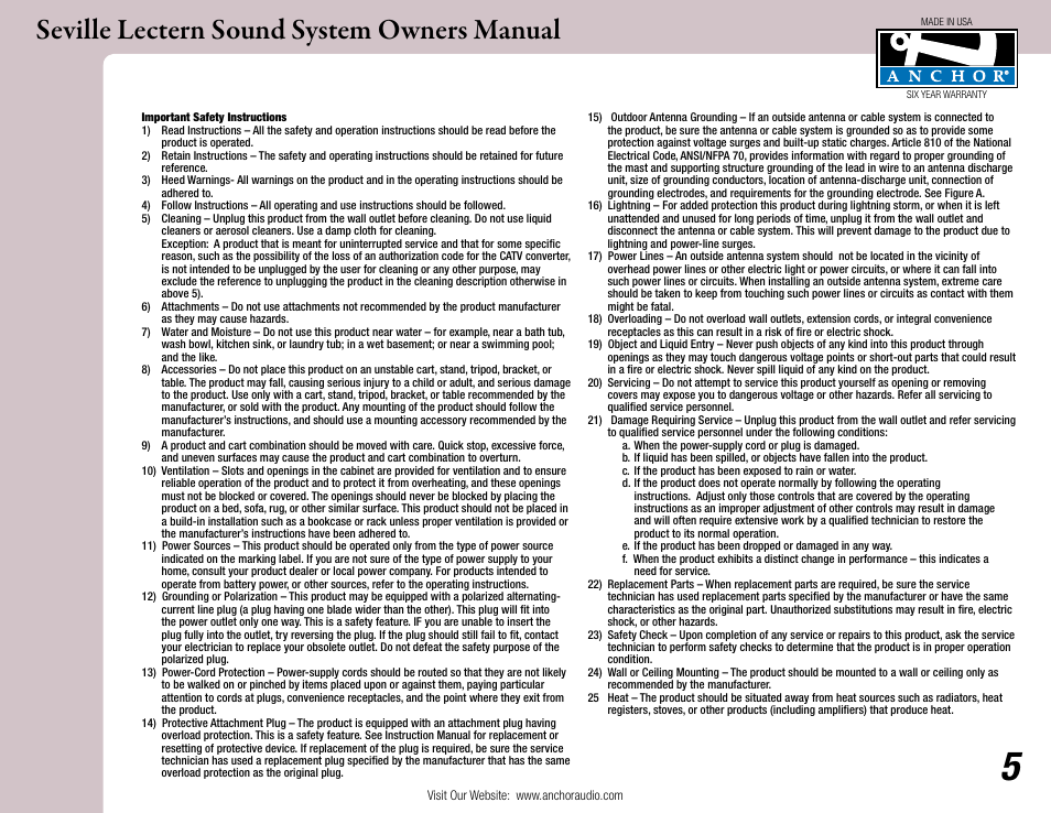 Seville lectern sound system owners manual | Anchor Audio Seville Lectern User Manual | Page 5 / 6