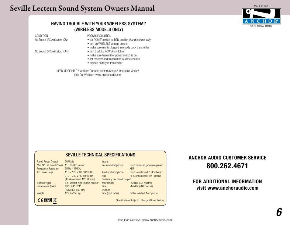 Seville lectern sound system owners manual, Anchor audio customer service, Seville technical specifications | Anchor Audio Seville Lectern User Manual | Page 6 / 6